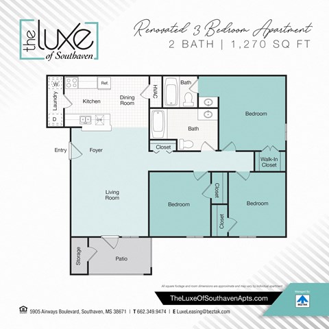 Floor plan for 3 beds, 2 baths, 1270 sqft